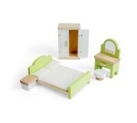 Bigjigs Toys Juego de dormitorio | Muebles de madera para casa de muñecas | Juegos de cama para casas de muñecas de niños | Accesorios de casa de muñecas de simulación | Mini cama, armario y tocador |