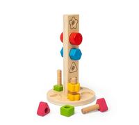 Bigjigs Toys Torre de tuercas y pernos, 11 piezas de juguete de construcción de madera y clasificador de formas, educativo y ecológico, regalos Montessori para bebés y niños pequeños, a partir de 12