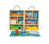 Bigjigs Toys Travel Playbox - Juego de 10 piezas de madera con monumentos del mundo y tapete de juego plegable, juguete para niños pequeños y niños, juego Montessori para niños de 18 meses en adelante
