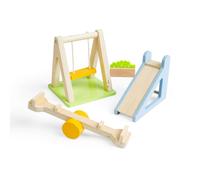 Bigjigs Toys Juego de jardín | Muebles de casa de muñecas al aire libre | Columpio, tobogán y balancín de madera en miniatura para casas de muñecas de niños | Paquete de 4 accesorios para jardines de