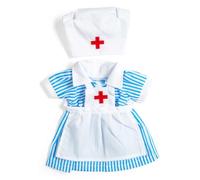 Bigjigs Toys Uniforme de enfermera, pequeño, ropa de muñeca, ropa para muñecas de trapo para niños, disfraz de médico para un juguete suave, vestido de muñeca de trapo a rayas azules y blancas