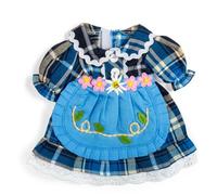 Bigjigs Toys Vestido a cuadros azul (mediano) | Ropa de muñeca para muñecas suaves para niños | Vestidos con patrón de cuadros de Ragdoll con delantal y detalles de flores | Trajes para muñecas de