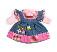Bigjigs Toys Vestido de mezclilla con ribete rosa (mediano) | Ropa de muñecas | Vestidos azules con detalles de parche rojo y rosa para una muñeca suave para niños | Trajes y accesorios de muñeca |