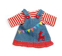 Bigjigs Toys Vestido de mezclilla de pinafore - Pequeño | Ropa de muñecas para un juguete suave | Vestidos azules para una muñeca de niño | Overol y camisa a rayas rojas para muñecas de trapo |