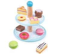 Bigjigs Toys Wooden Cake Stand with 9 Wooden Play Food Cakes - (Importación USA)