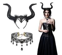 BIGKASI Diadema de Cuerno Negro, Reina Malvada y Collar de Encaje Gótico, Cuernos de Diablo Ajustables y Collar de Encaje con Piedras Preciosas, Accesorios de Cosplay para Fiesta de Lema de Mascarada