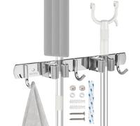 BigKego Soporte para escobas de pared, autoadhesivo, de acero inoxidable, para escoba, mopa, soporte para herramientas de jardín, con 2 soportes y 3 ganchos para cocina, baño, jardín, balcón, garaje