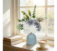 BigKing Pequeñas flores artificiales con jarrón, decoración de mesa, flores artificiales de dalia en jarrón de cerámica, 15 cm x 11,5 cm, flores artificiales en maceta para decoración del hogar