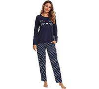 BigKing Pijama Estampado de Gato de Manga Larga, Lindo Pijama de Gato de Lunares para Mujer (XL, Azul)