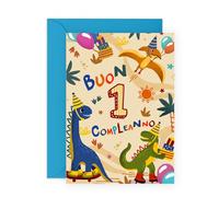 Biglietto di auguri per il primo compleanno di un bambino - Biglietto di auguri a tema dinosauro per bambini di 1 anno - Dino - Regalo di buon compleanno per lui - Un anno - Per figlio, fratello