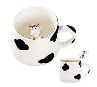BigNoseDeer Bonita taza de café de cerámica de vaca con tapa de cuchara, bonita taza divertida de Navidad, cumpleaños, regalos novedosos para novia, novio, mujer, niña y niño (vaca)