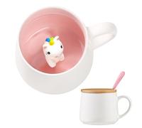 BigNoseDeer Regalos de unicornio: bonita taza de cerámica 3D con tapa de cuchara para niñas y mujeres, taza de café novedosa para chocolate, té o leche, regalos de cumpleaños personalizados para mamá