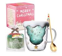 BigNoseDeer Taza de café Doble Pared Copa de Vidrio árbol de Navidad Tazas de Vidrio Aislante con Mango Latté, Americano Capuchino, Bolsa de té, Bebida 300ML
