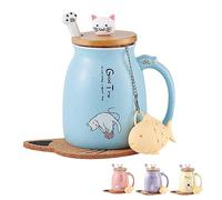BigNoseDeer Taza de gato Linda Taza de café de cerámica con tapa de gatito 3D Cuchara de acero inoxidable, Novedad Copa de la mañana Leche de té Taza de Navidad 380ML