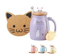BigNoseDeer Taza de gato Linda Taza de café de cerámica con tapa de gatito 3D Cuchara de acero inoxidable, Novedad Copa de la mañana Leche de té Taza de Navidad 380ML