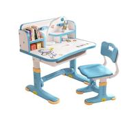 Bigougem Juego de escritorio y silla para niños, escritorio de aprendizaje de altura ajustable con cajones y compartimentos de almacenamiento, mesa curvada de lectura/escritura para niño, color azul