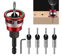 BIGP Juego de 4 brocas avellanadoras cónicas con tope de profundidad, vástago hexagonal de 1/4 pulgadas HSS-M2, para agujeros avellanados precisos en madera (2,8/3,2/3,5/4,0 mm), incluye soporte de