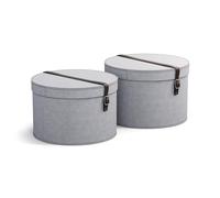 Bigso Box of Sweden Juego de 2 Cajas Redondas de Distinto Tamaño - Cajas con Tapa y Correa de Cuero - Caja Sombrerera de Tablero de Fibras y Papel con Aspecto de Lino - Gris claro