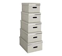 Bigso Box of Sweden Juego de 5 cajas con tapa para el despacho, el dormitorio o la habitación infantil - Caja organizadora con aspecto de lino - Cajas apilables de tablero de fibras y papel - beige