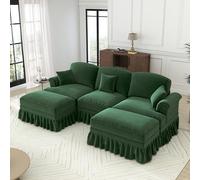 Bigsofas XXL - Sofá cama modular clásico en forma de U de chenilla con reposabrazos de embudo, delantal con volantes desmontable, patas en forma de husillo y taburete móvil, suave (verde)