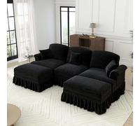 Bigsofas XXL Sofá cama modular clásico en forma de U de chenilla con reposabrazos de embudo, delantal con volantes desmontable, patas en forma de husillo y taburete móvil, suave (negro)