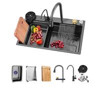 BIGYOUZI Lavabo sobre encimera con Grifos Negro cocina fregadero lavabo Fregadero cocina 1 seno Grifo Extraíble en cascada con juego completo de Accesorios de Fregadero (75x45x23CM, Negro)