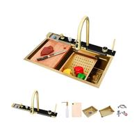 BIGYOUZI Lavabo sobre encimera con Grifos Negro cocina fregadero lavabo Fregadero cocina 1 seno Grifo Extraíble en cascada con juego completo de Accesorios de Fregadero (Oro, 68 * 46 * 22CM)