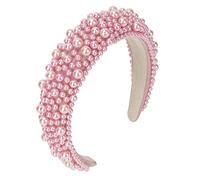 Biiange Diademas de perlas rosas para mujer, diadema de perlas rosas para mujer, diadema acolchada esponjosa con perlas sintéticas, diademas anchas y gruesas con cuentas brillantes (1 unidad)