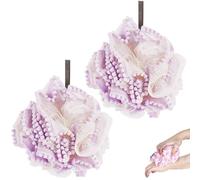 Biiange Esponja de lufa morada, esponja de baño de ducha, bolas de lufa suave, bola de ducha de encaje globoso, para limpieza de lavado corporal, accesorios de baño (2 unidades, morado)