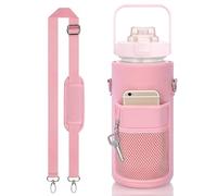 Biiange Fundas para botella de agua de 64 onzas, correa de hombro ajustable de 2000 ml, soporte para botella de agua con bolsillo para teléfono y llavero para caminar, senderismo (1 paquete, rosa)