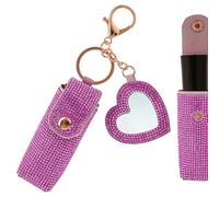 Biiange Llavero organizador de lápiz labial, estuche de lápiz labial con diamantes de imitación con espejo, estuche para bálsamo labial, soporte de cuero para lápiz labial, bolsa de brillo de labios