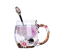 Biigming Taza de Café Vidrio de Cristal Esmalte de Flores y Mariposa con cuchara Tazas de té Regalos para Mujeres Esposa día de la Madre Boda Cumpleaños(Margarita-330ml)