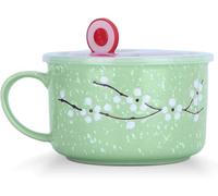 Biigming Taza Grande 800ml con Tapa y Asa Tazas de Cereales Cuenco de Fideos Flores de Cerezo entre Copos de Nieve Patrón para Ensalada de Fideos(Verde)