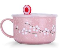Biigming Taza Grande 800ml con Tapa y Asa Tazas de Cereales Cuenco de Fideos Flores de Cerezo entre Copos de Nieve Patrón para Ensalada de Fideos(Rosa)