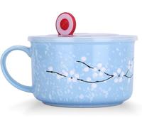 Biigming Taza Grande 800ml con Tapa y Asa Tazas de Cereales Cuenco de Fideos Flores de Cerezo entre Copos de Nieve Patrón para Ensalada de Fideos(Azul)