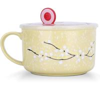Biigming Taza Grande 800ml con Tapa y Asa Tazas de Cereales Cuenco de Fideos Flores de Cerezo entre Copos de Nieve Patrón para Ensalada de Fideos (Amarillo)