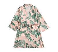 BIISDOST Albornoz de satén corto beige para mujer, poncho de baño de manga ancha, kimono de seda, bata de encaje con estampado, ligero y fino, toalla de sauna, cuello en V profundo, con cinturón,