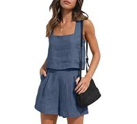 Biivrii Conjunto de 2 piezas para mujer, conjunto de chaleco corto de lino y pantalones cortos con bolsillos, ropa de playa y verano, A Royal Blue, L
