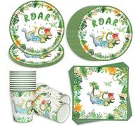 Bikasun Juego de vajilla de cumpleaños de dinosaurios, 20 invitados, juego de vajilla de fiesta de dinosaurio, platos de papel, tazas y servilletas para fiestas de cumpleaños infantiles, decoración