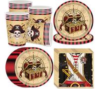 Bikasun Juego de vajilla de fiesta pirata, platos de papel para 16 invitados, juego de vajilla de cumpleaños infantil con plato de papel, vasos, servilletas, niños, niñas, barco pirata, esqueleto