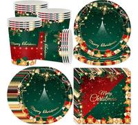 Bikasun Juego de vajilla para fiestas navideñas, platos de cartón, servilletas, vasos de cartón, juego de vajilla navideña , 16 invitados, artículos de decoración para fiestas navideñas, rojo y verde