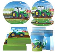 Bikasun Vajilla para fiestas de cumpleaños infantiles tractores, juego de vajilla de cumpleaños, vasos de papel, servilletas tazas vajilla, 16 invitados decoración para niños y niñas tractor verde