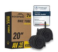 BikePeak 2 cámaras de aire para bicicleta para niños de 20 pulgadas con válvula de coche negra de 40 mm, válvula AV Schrader, ETRTO 40/62-406, 500A - Juego de 2 mangueras para bicicletas infantiles