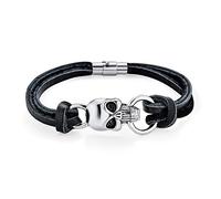 Biker Joyería Hip Hop Goth Punk Rock Cráneo Cabezas Genuino Cuero Negro Tachonado Remache De Acero Inoxidable De Múltiples Hebras Cráneo Cabezas Pulsera Para Hombres Adolescentes