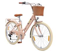 BIKESTAR Bicicleta Infantil de Aluminio a Partir de 9-10 años | Bicicleta Retro Urbana de 24 Pulgadas, 7 velocidades, Cesta, Freno en V | Rosa