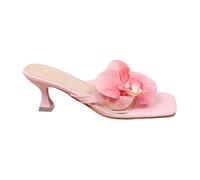 BIKETAFUWY Chanclas de Tacón Mujer, Mulas Abiertas, Desnudo, Sandalias Desnuda, Sandalias De Pecera | Cuero De Gran Tamaño, Slip-On, Punta Cuadrada Abierta, Entre-Dedos, Flor Decorativa, Talón Fino