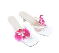 BIKETAFUWY Chanclas de Tacón Mujer, Mulas Abiertas, Desnudo, Sandalias Desnuda, Sandalias De Pecera | Cuero De Gran Tamaño, Slip-On, Punta Cuadrada Abierta, Entre-Dedos, Flor Decorativa, Talón Fino