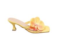 BIKETAFUWY Chanclas de Tacón Mujer, Mulas Abiertas, Desnudo, Sandalias Desnuda, Sandalias De Pecera | Cuero De Gran Tamaño, Slip-On, Punta Cuadrada Abierta, Entre-Dedos, Flor Decorativa, Talón Fino