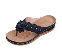 BIKETAFUWY Chanclas para mujer, Sandalias planas, Chanclas abiertas, Desnudo-Pies | Slip-On Poner, Entre-Dedos, Punta Abierta, Flor Decorativa, Remaches, Suela Cuña Baja, Verano Playa Casa, 01 negro