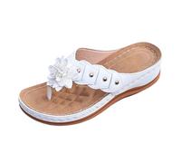 BIKETAFUWY Chanclas para mujer, Sandalias planas, Chanclas abiertas, Desnudo-Pies | Slip-On Poner, Entre-Dedos, Punta Abierta, Flor Decorativa, Remaches, Suela Cuña Baja, Verano Playa Casa, 01 blanco